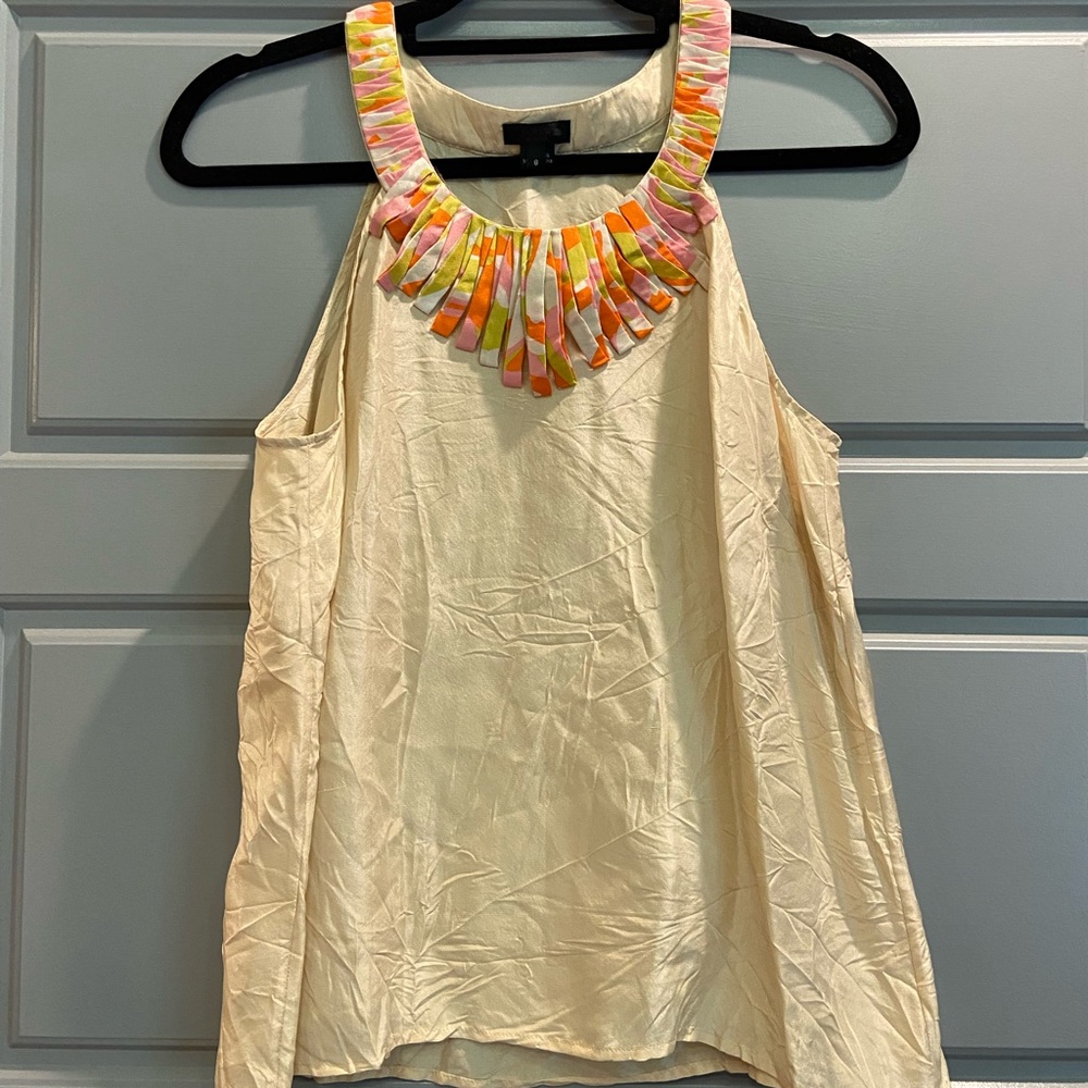 J Crew 100% silk tank with colorful neckline